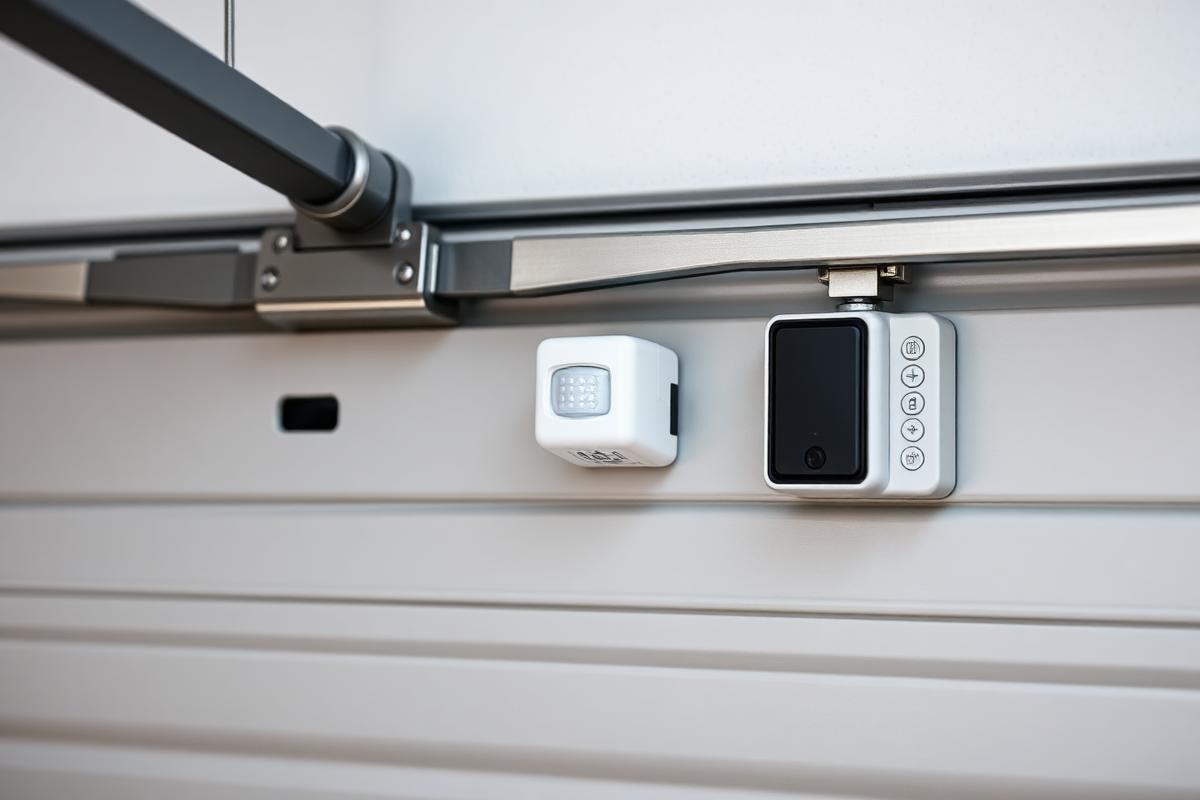 Modern garage door features including sensors and smart technology close-up
