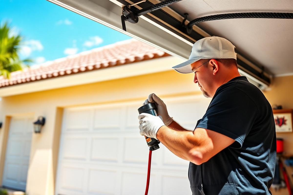 Technician performing garage door maintenance during hot Florida summer weather