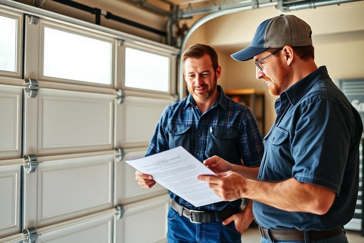 Homeowner reviewing garage door warranty documents with technician
