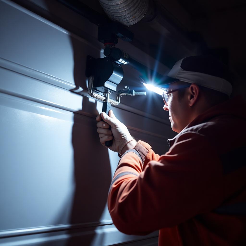 Emergency garage door repair technician working at night